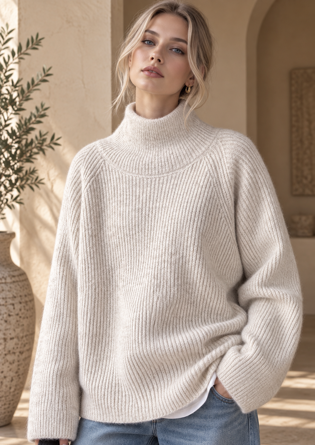 Women’s Hooded High Neck Relaxed Knit Sweater