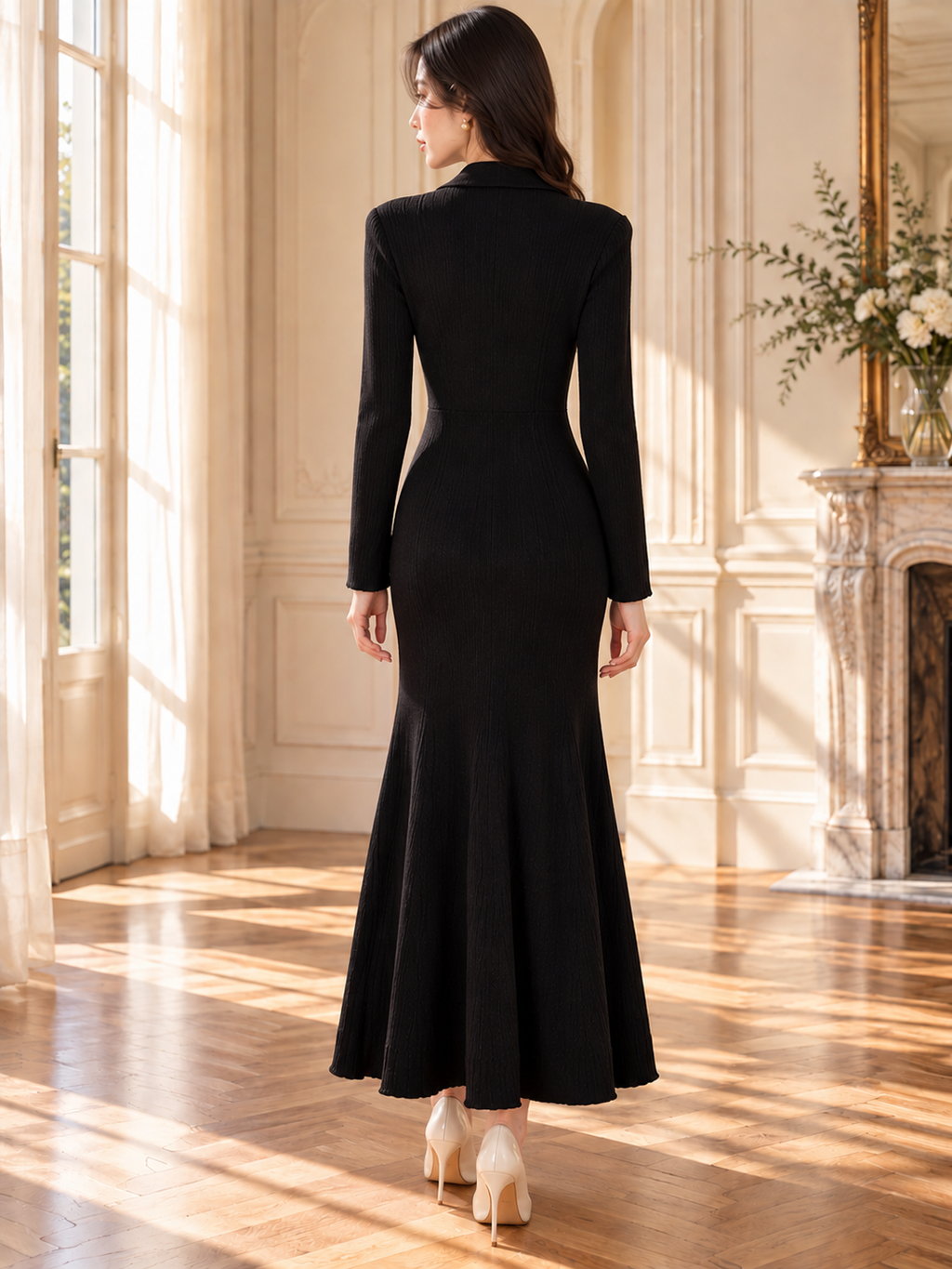 Women’s Gold Button Collared Knit Maxi Dress
