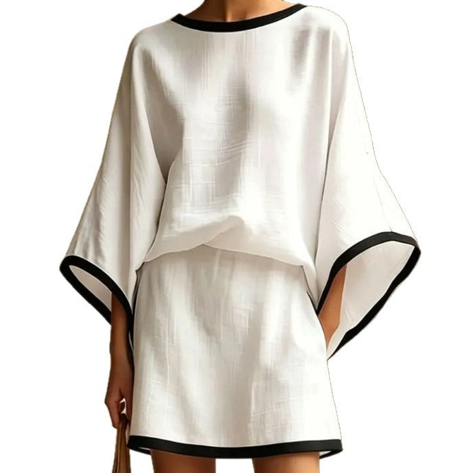 Cotton Linen Casual Batwing Sleeve Top and Skirt Two-Piece Set for Women