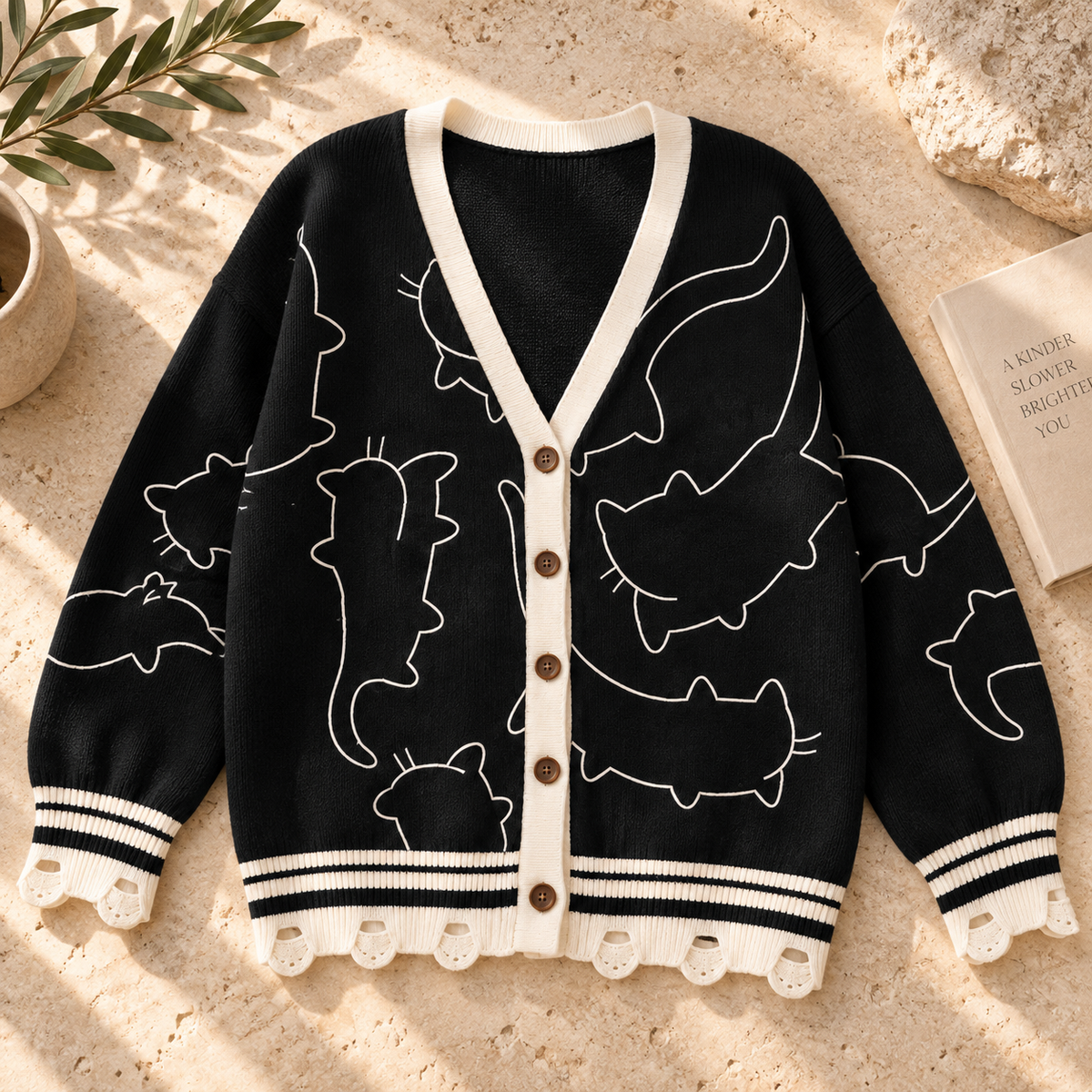 Women’s Cat Jacquard V-Neck Knit Cardigan