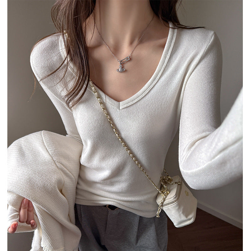 White Tencel Wool High-Quality Long Sleeve Base Layer Top for Women, Autumn Winter Inner Wear, V-Neck, Brushed, Regular Shoulder, Versatile Upper Clothing