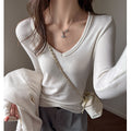 White Tencel Wool High-Quality Long Sleeve Base Layer Top for Women, Autumn Winter Inner Wear, V-Neck, Brushed, Regular Shoulder, Versatile Upper Clothing