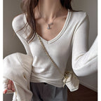 White Tencel Wool High-Quality Long Sleeve Base Layer Top for Women, Autumn Winter Inner Wear, V-Neck, Brushed, Regular Shoulder, Versatile Upper Clothing