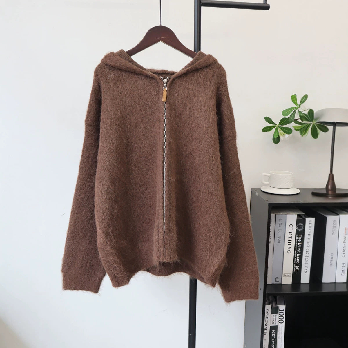 Zipper hooded loose solid color sweater