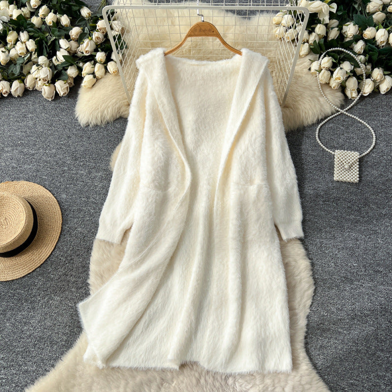 Women’s Oversized Hooded Knit Cardigan Coat – Mid-Length Loose Sweater Jacket