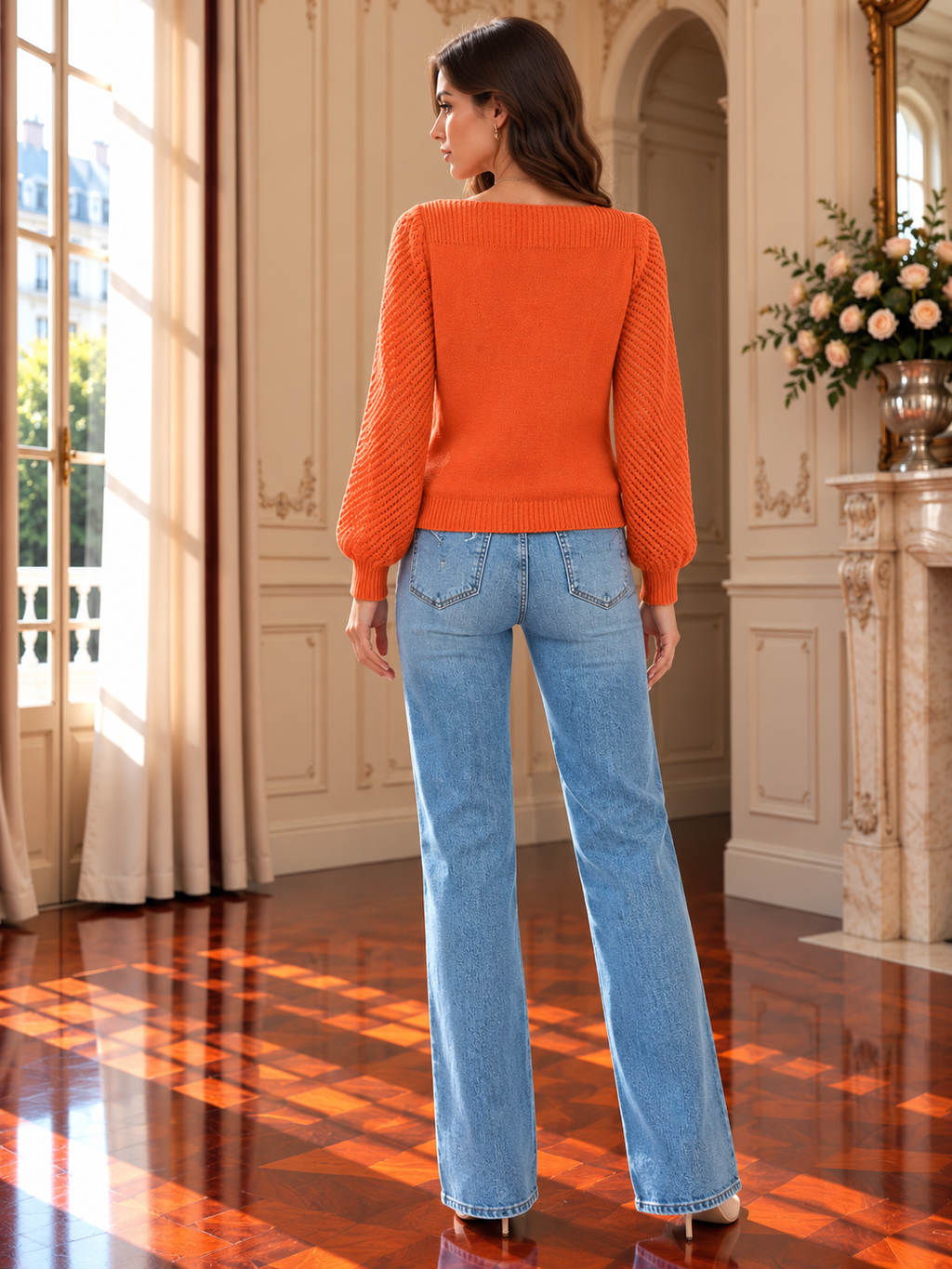 Women’s Openwork Sleeve Wool-Blend Knit Sweater