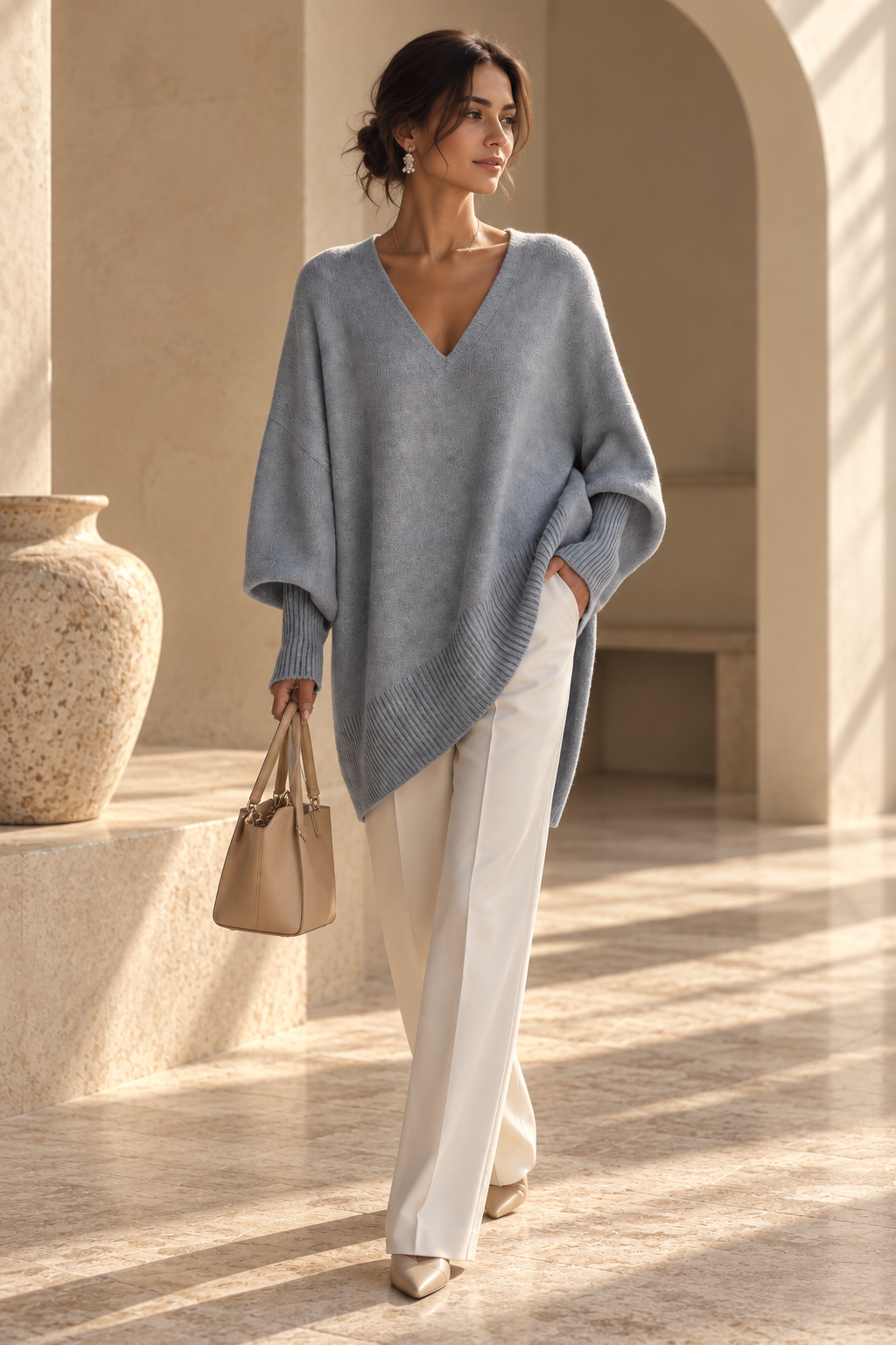 V-neck lazy style sweater women's loose knit sweater top