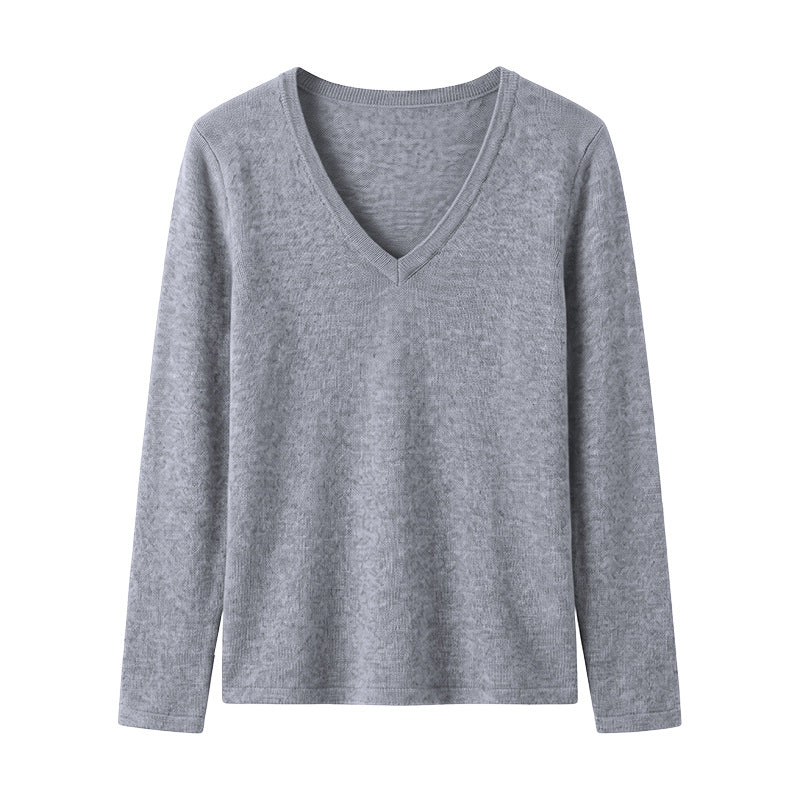 White Tencel Wool High-Quality Long Sleeve Base Layer Top for Women, Autumn Winter Inner Wear, V-Neck, Brushed, Regular Shoulder, Versatile Upper Clothing