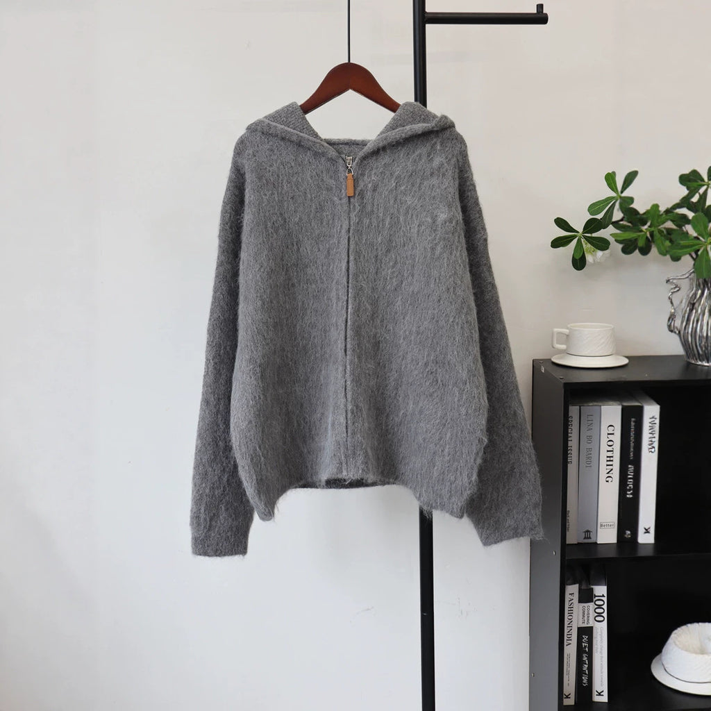 Zipper hooded loose solid color sweater