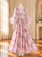 Women’s Floral Ruffle Sleeve Silk Dress