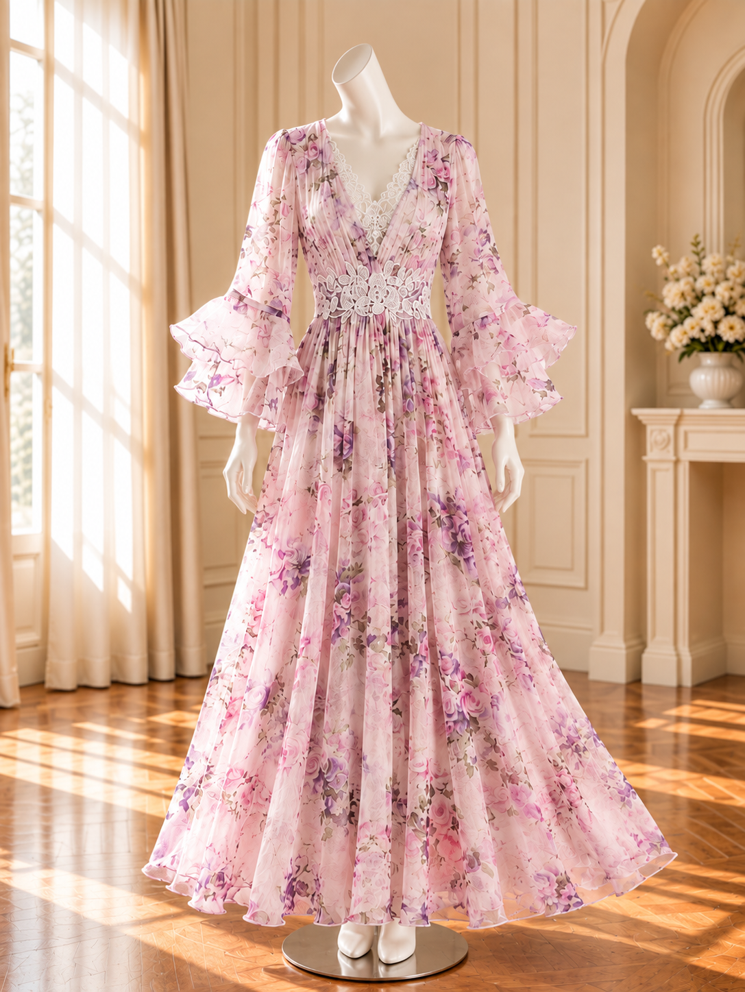 Women’s Floral Ruffle Sleeve Silk Dress