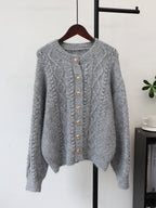 Round neck loose cardigan sweater for women
