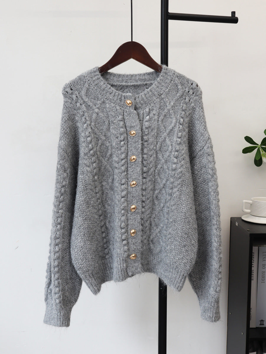 Round neck loose cardigan sweater for women