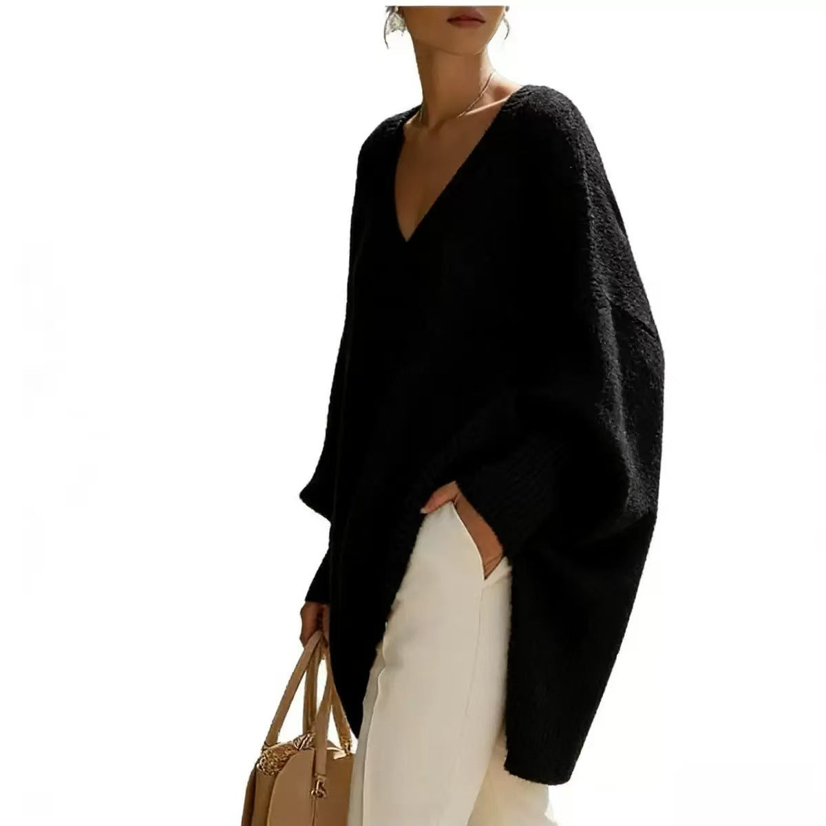 V-neck lazy style sweater women's loose knit sweater top