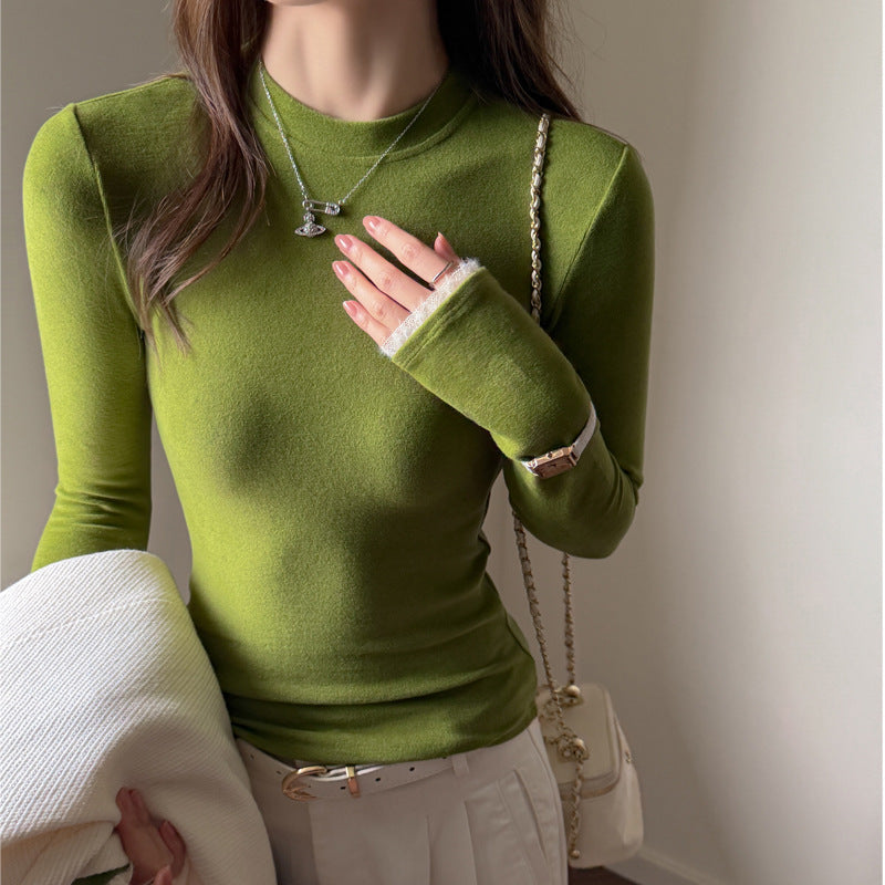 New imitation cashmere long sleeved T-shirt for women, featuring Korean lace sleeves with a high-end feel and a round neck for slimming. Simple base top