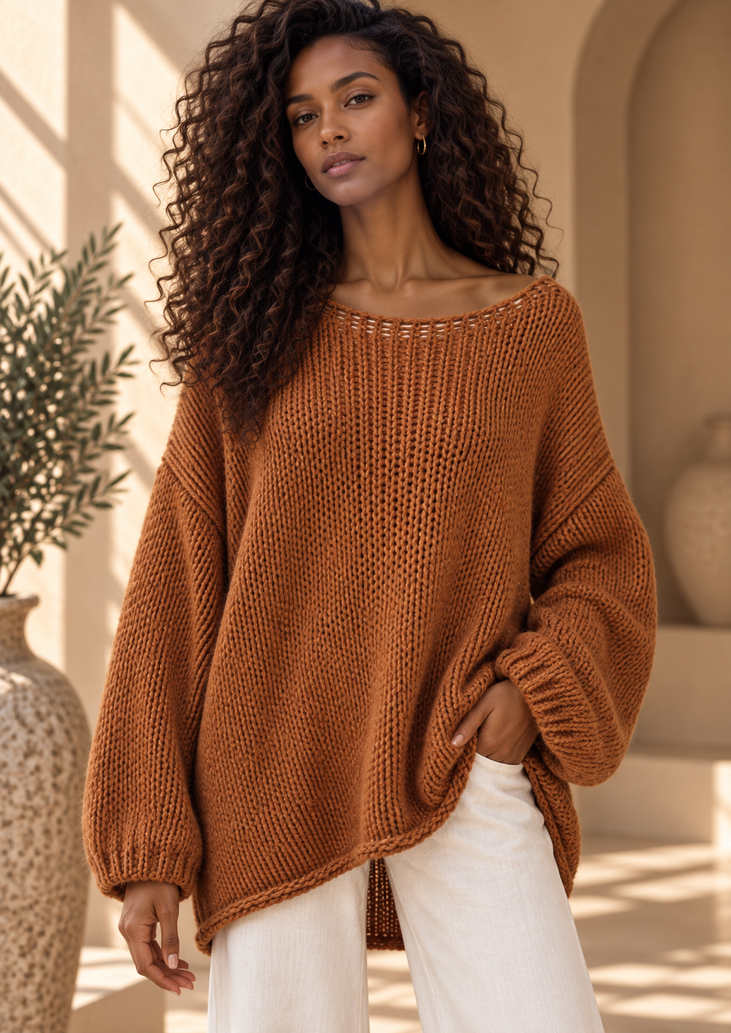 Women’s Hollow-Out Side-Slit Knit Sweater