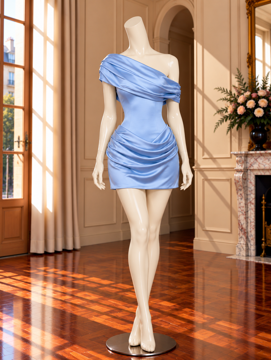 Women’s Blue Off-Shoulder Lace-Up Draped Mini Dress