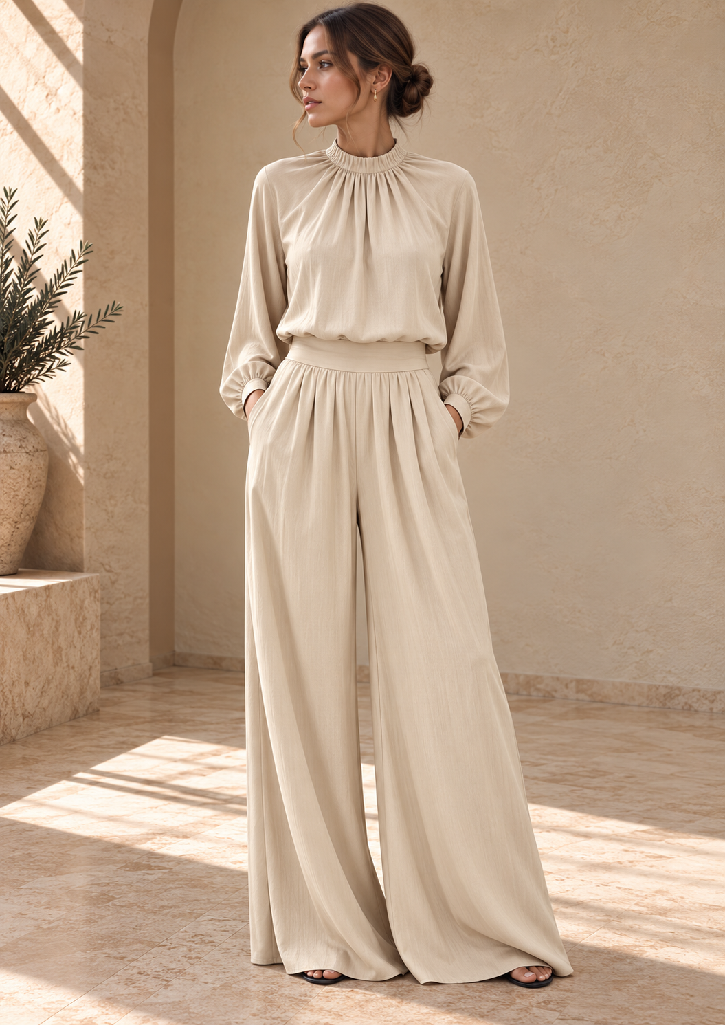 Women’s Stand Collar Top & Wide-Leg Pants Set