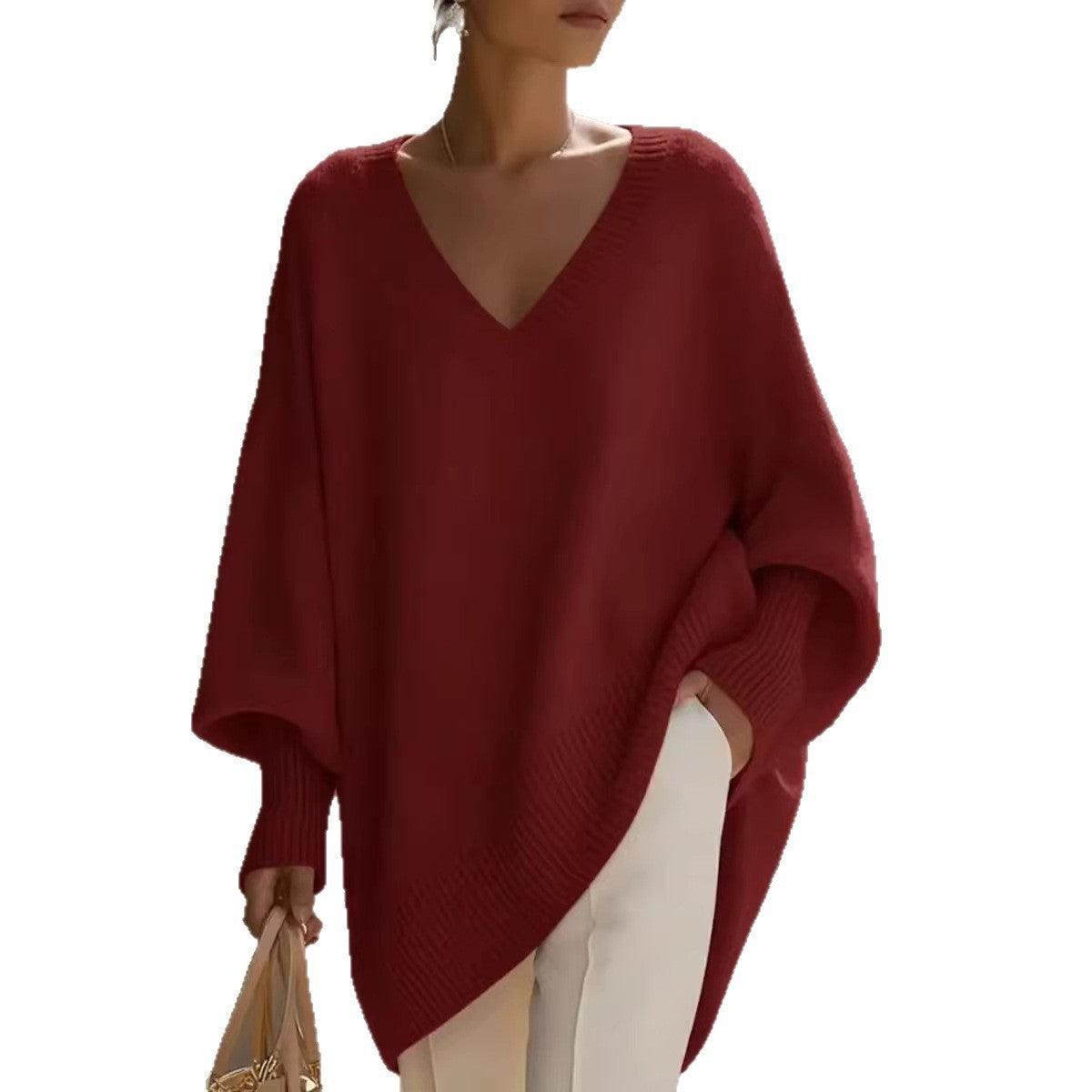 V-neck lazy style sweater women's loose knit sweater top