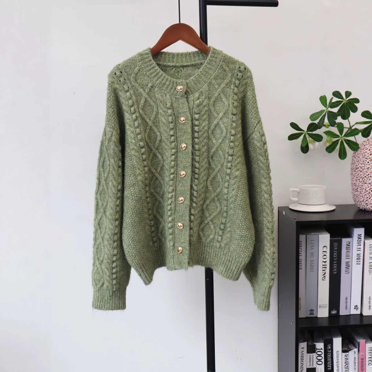 Round neck loose cardigan sweater for women