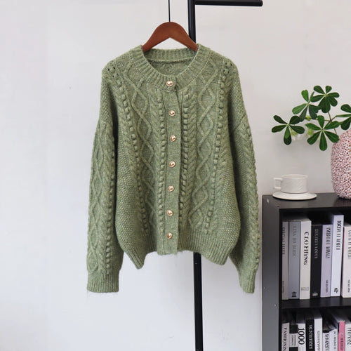 Round neck loose cardigan sweater for women