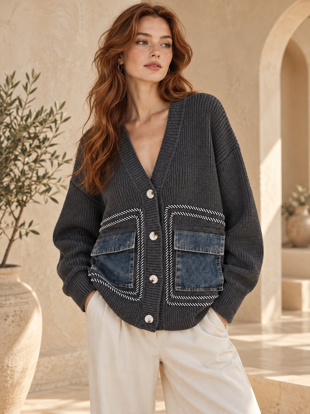 Women’s Denim Patchwork Knit Cardigan