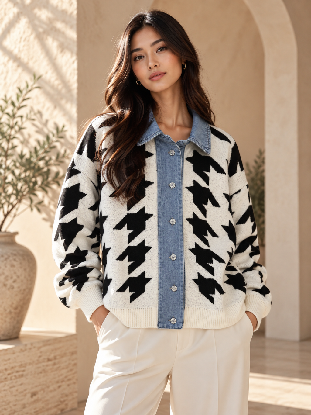 Women’s Denim Patchwork Relaxed Knit Sweater