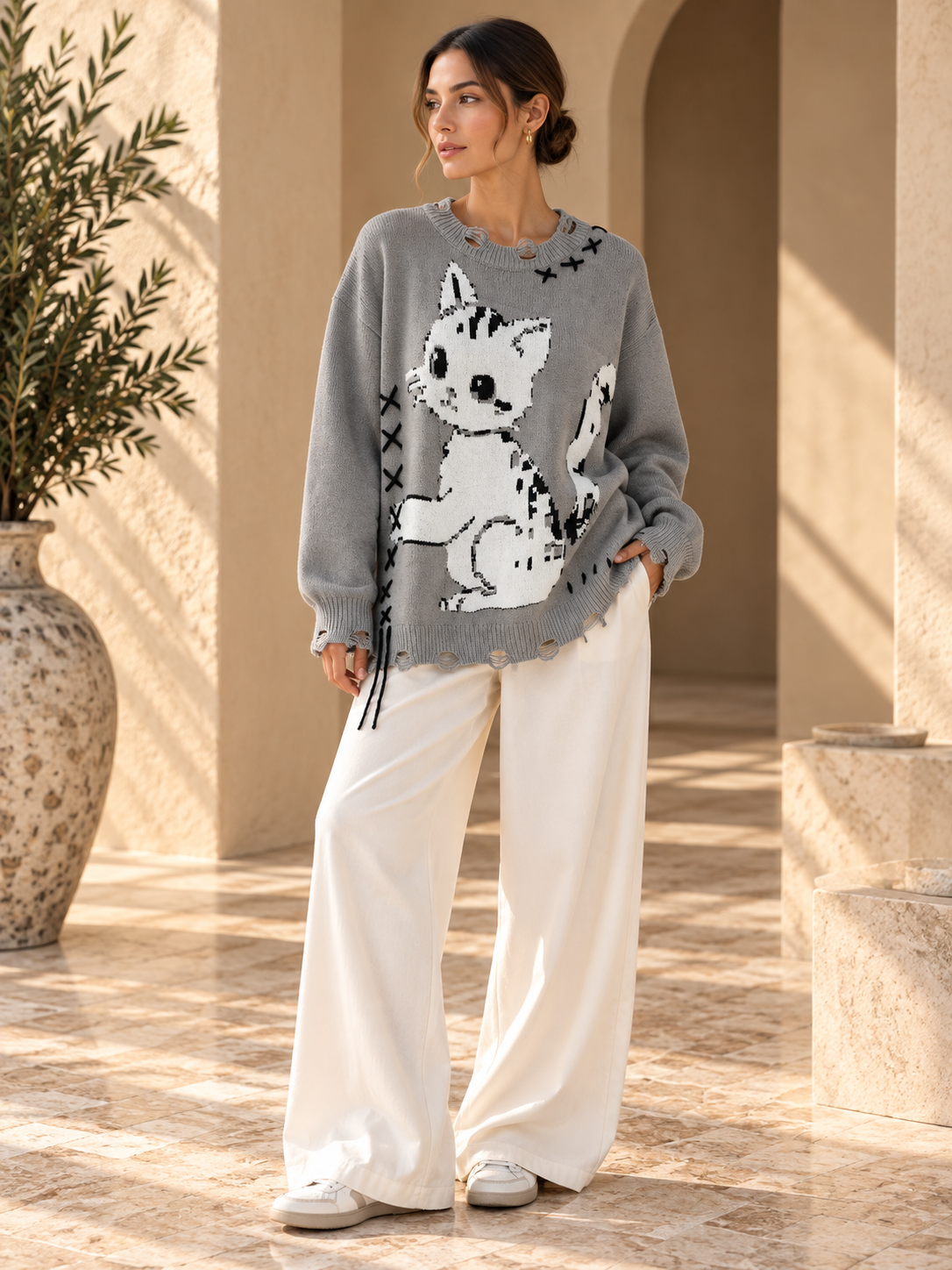 Women’s Cat Round Neck Knit Sweater