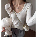 White Tencel Wool High-Quality Long Sleeve Base Layer Top for Women, Autumn Winter Inner Wear, V-Neck, Brushed, Regular Shoulder, Versatile Upper Clothing