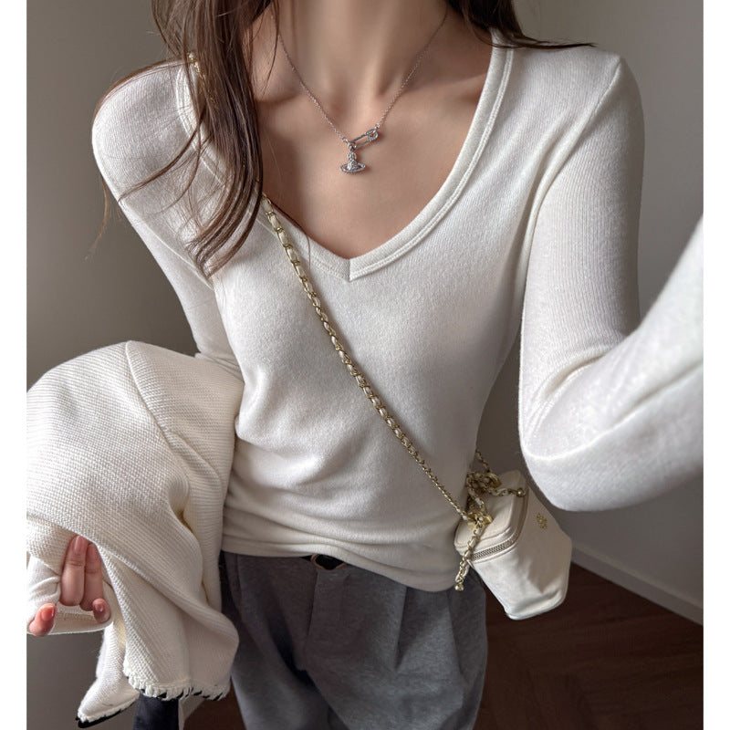 White Tencel Wool High-Quality Long Sleeve Base Layer Top for Women, Autumn Winter Inner Wear, V-Neck, Brushed, Regular Shoulder, Versatile Upper Clothing