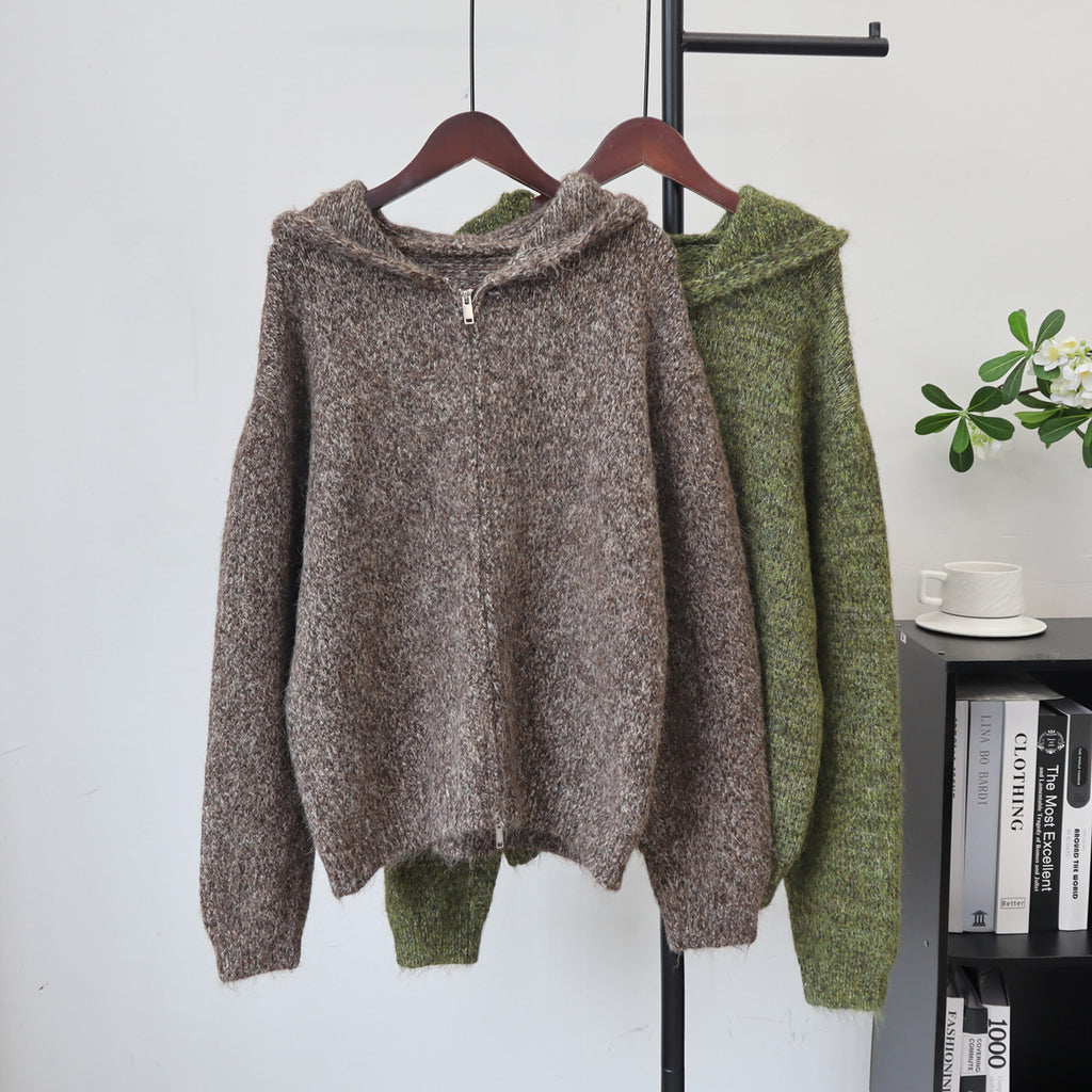 Zipper hooded cardigan sweater