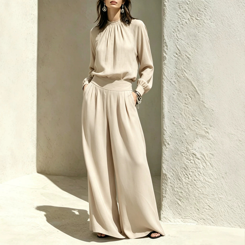 Casual Solid Color Long Sleeve Stand-up Collar Loose Fit Women's Fashion Set BlouseWide-leg Pants