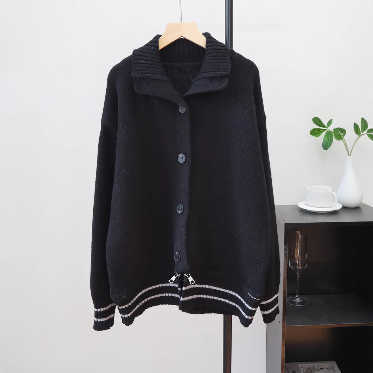 Stand up collar contrasting striped sweater