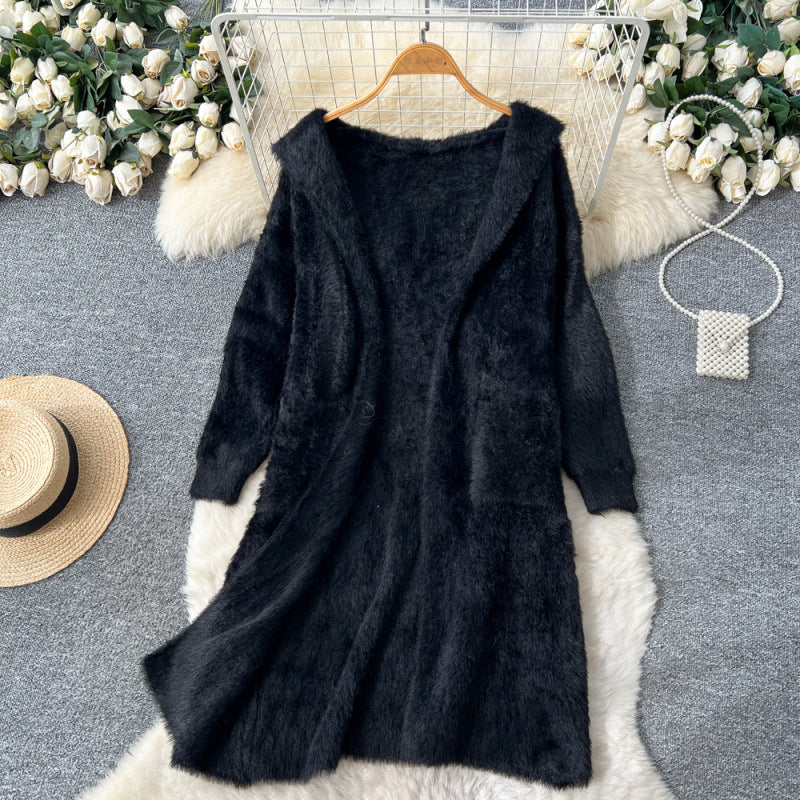 Women’s Oversized Hooded Knit Cardigan Coat – Mid-Length Loose Sweater Jacket