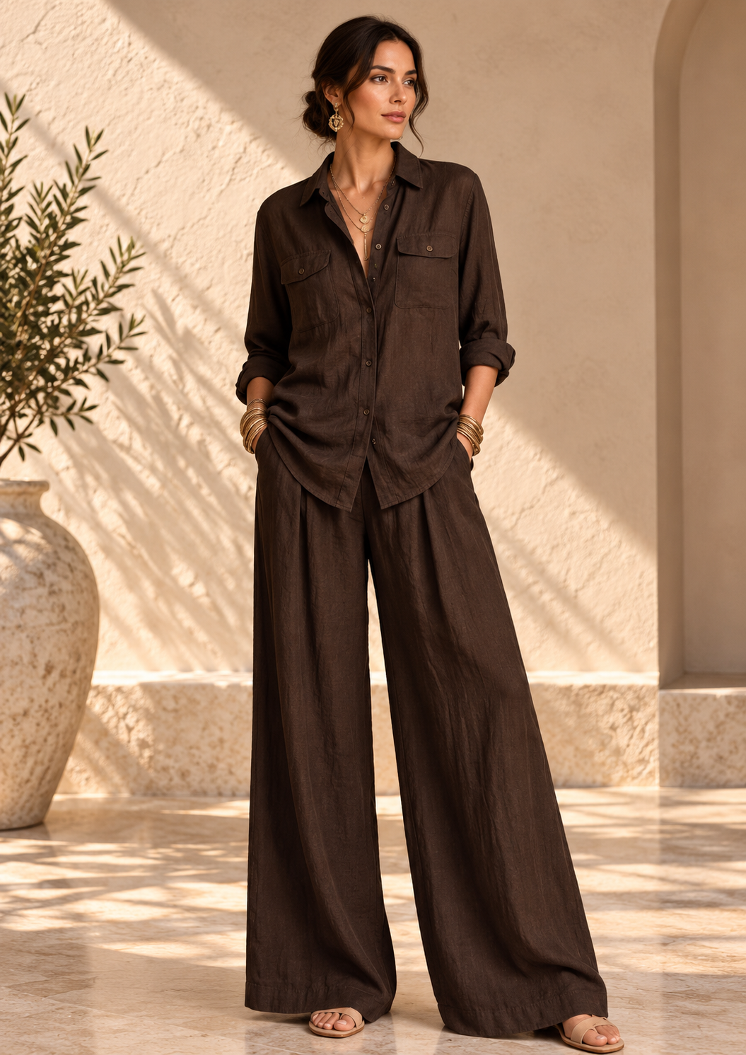 Women’s Linen Shirt & Wide-Leg Pants Set
