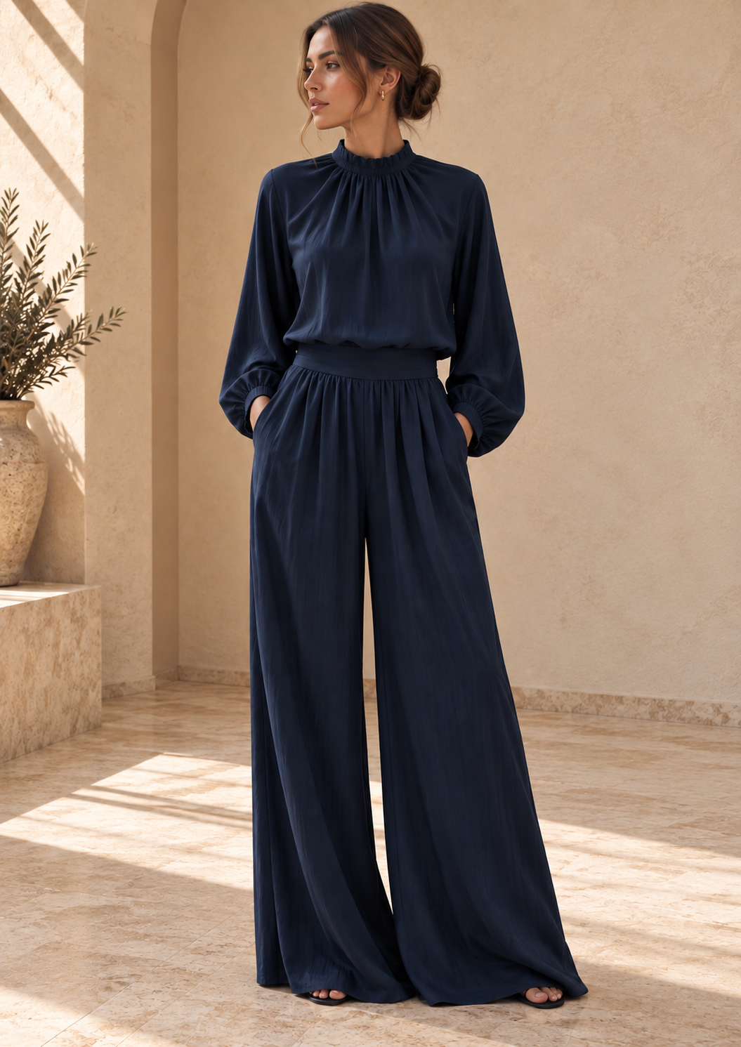 Women’s Stand Collar Top & Wide-Leg Pants Set