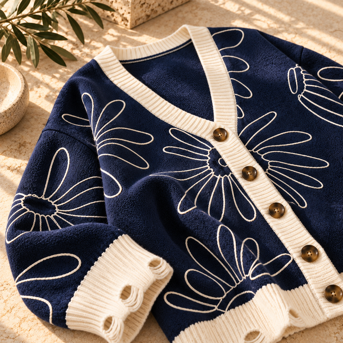 Women’s Jacquard V-Neck Contrast Knit Cardigan