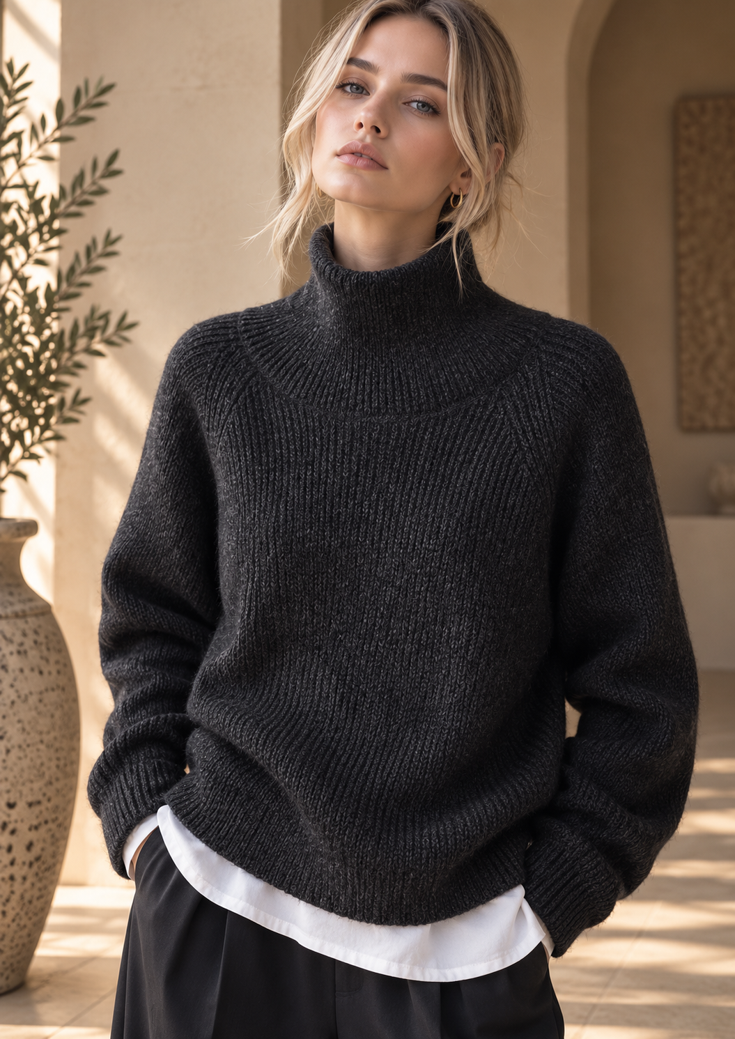 Women’s Hooded High Neck Relaxed Knit Sweater