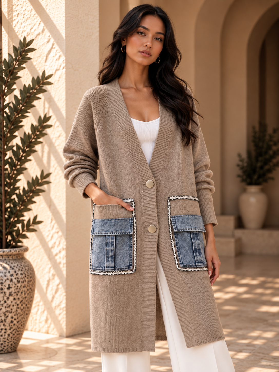 Women’s Denim Panel Pocket Knit Sweater