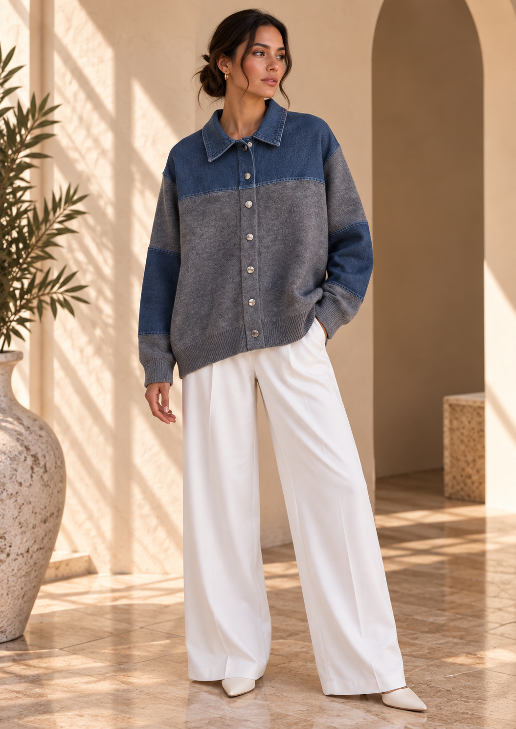 Women’s Denim Patchwork Relaxed Knit Sweater