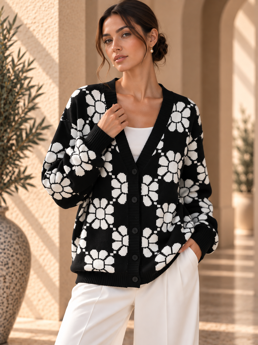 Women’s Floral Color-Block V-Neck Knit Cardigan
