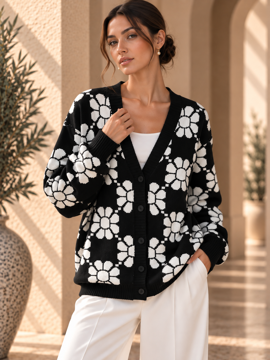 Women’s Floral Color-Block V-Neck Knit Cardigan