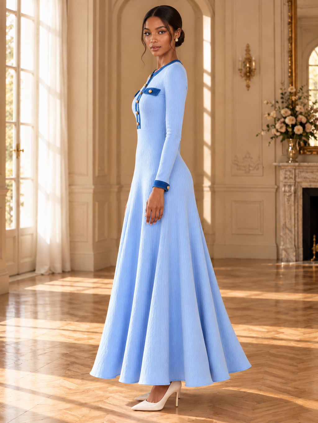 Women’s Long Sleeve V-Neck Knit Maxi Dress