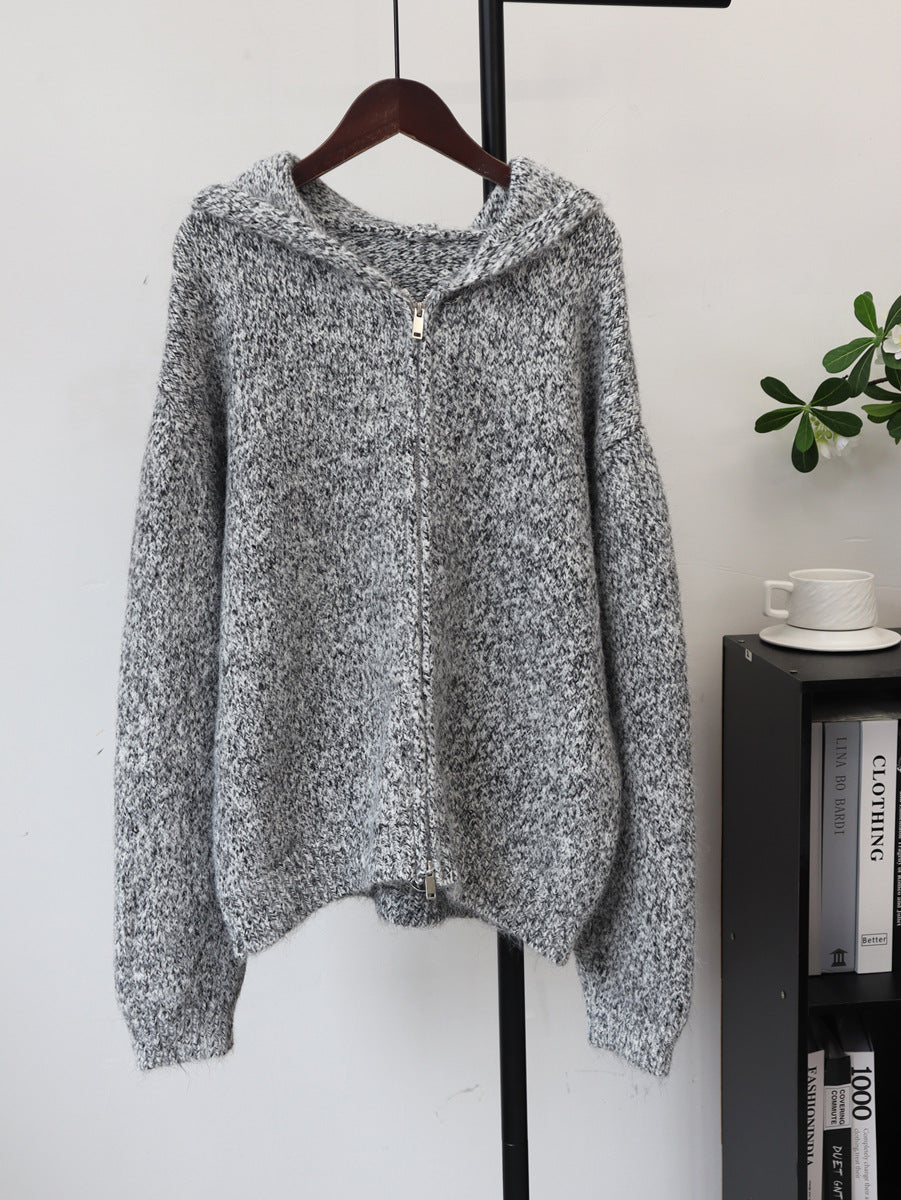 Zipper hooded cardigan sweater