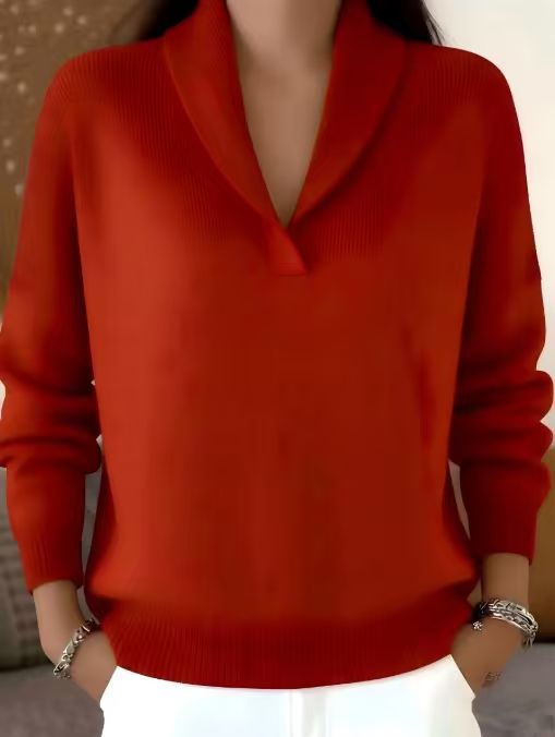 Loose V-neck solid color versatile long sleeved base knit sweater