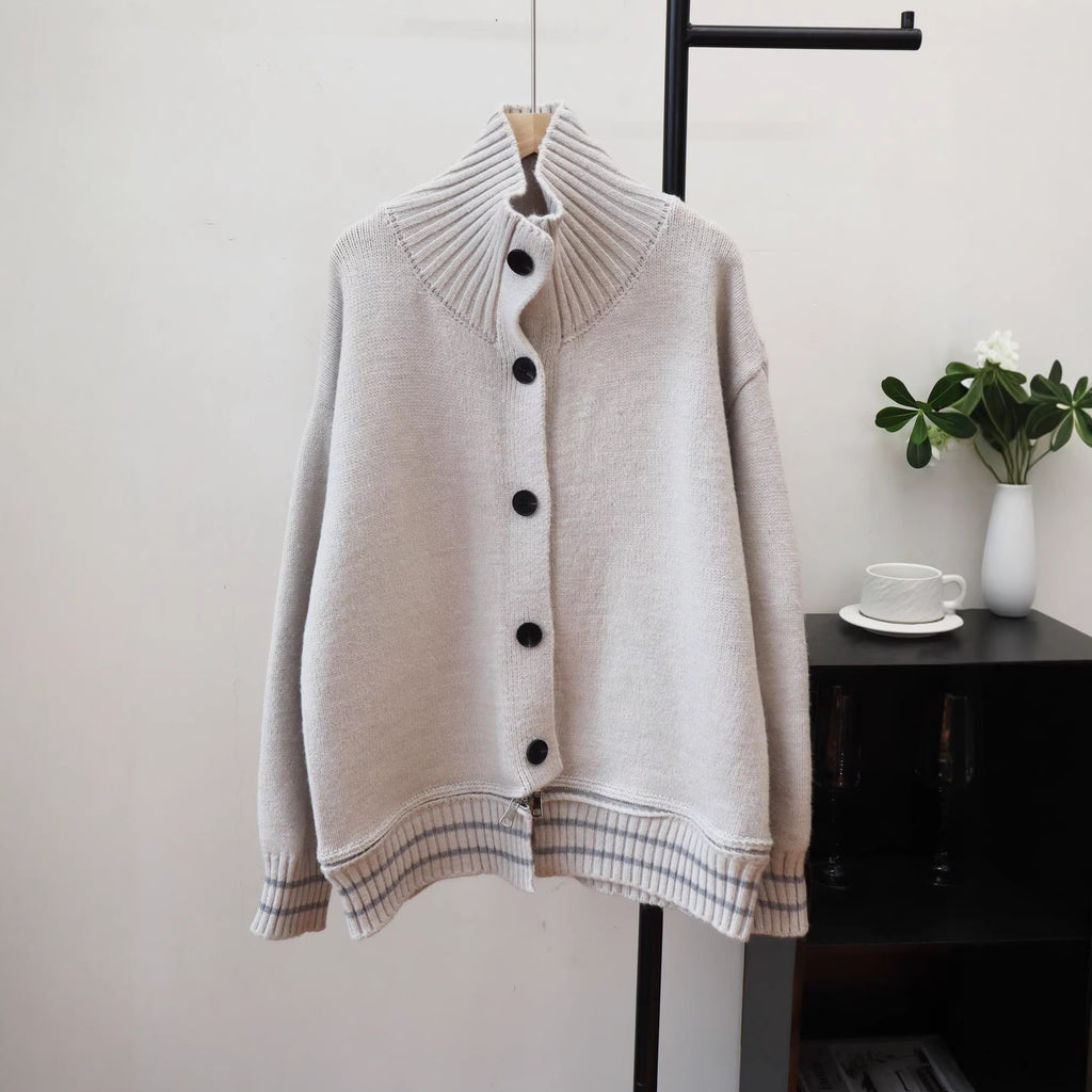 Stand up collar contrasting striped sweater