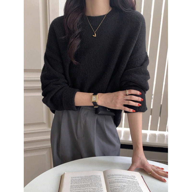 Round neck sweater women's autumn and winter versatile lazy style solid color top