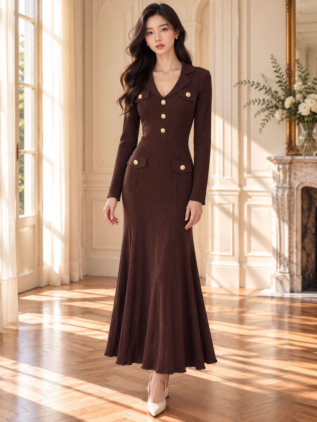 Women’s Gold Button Collared Knit Maxi Dress