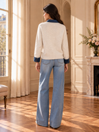Women’s Zip Denim Panel Knit Sweater