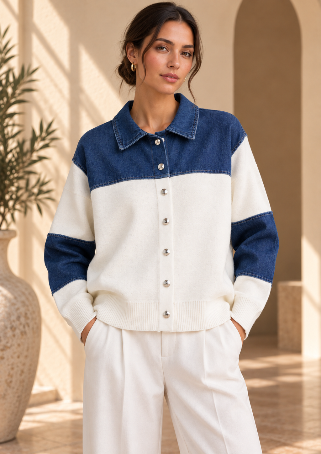 Women’s Denim Patchwork Relaxed Knit Sweater